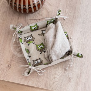 Colourful half-linen bread basket "Owls green"